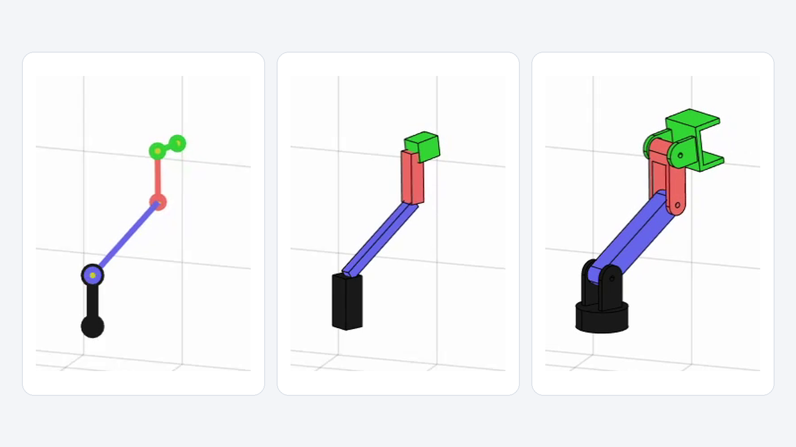 The same four-link robotic-arm pose shown as lines, simple rectangular patches, and detailed CAD geometry.