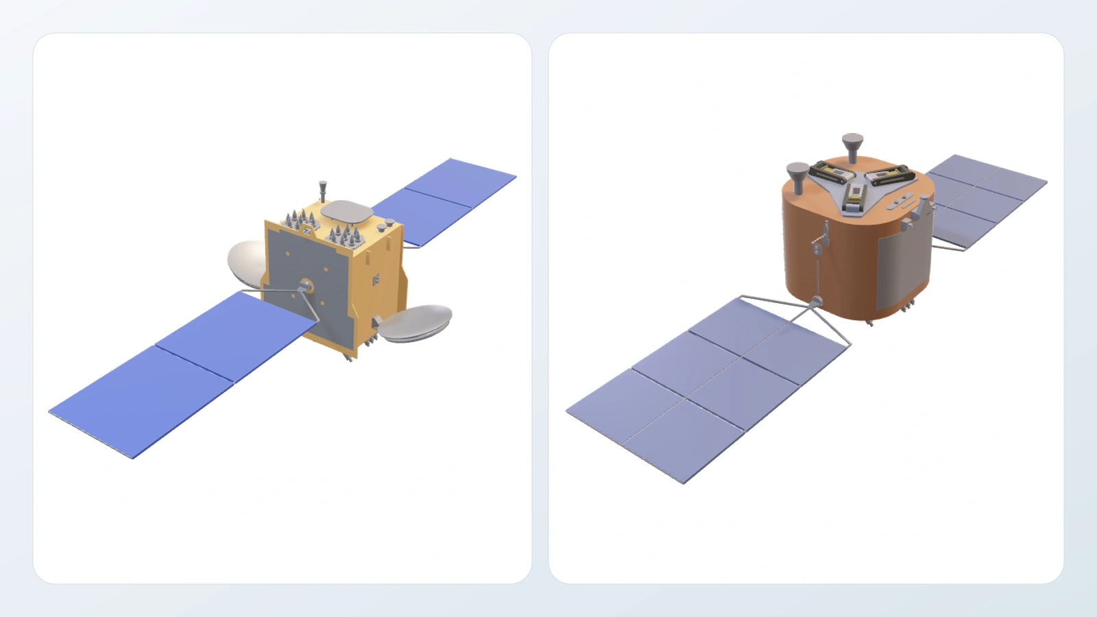 Target satellite model on the left and the servicing spacecraft with three docking arms on the right.