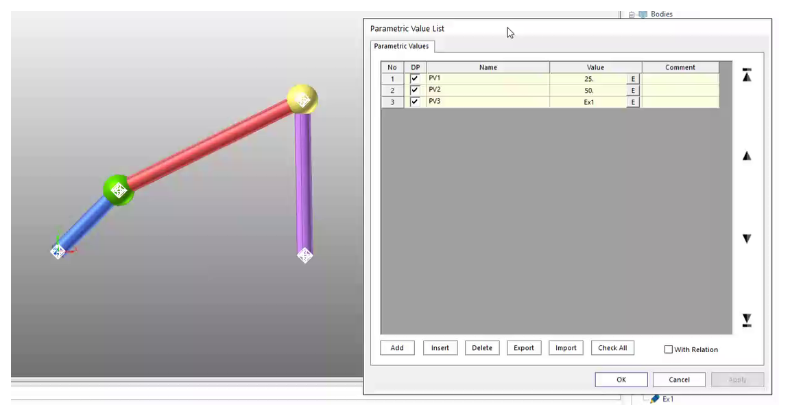 The linkage geometry updates as a parameter value changes in the Parametric Value List.
