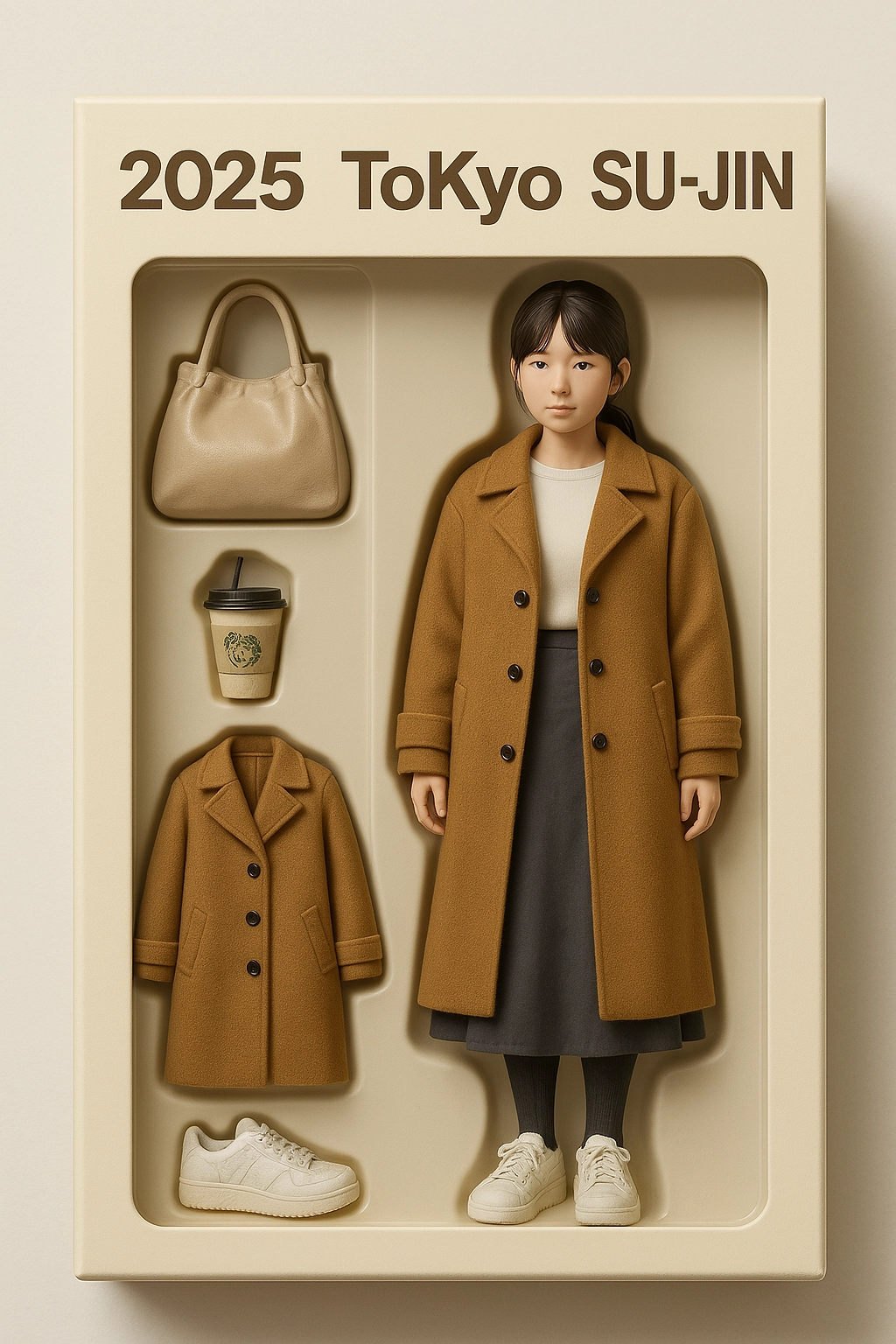 코트와 신발을 착용한 피규어와 소품이 들어 있는 토이 박스.
