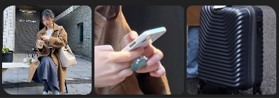 인물 사진, 핸드폰, 여행 캐리어를 나란히 놓은 참고 이미지.