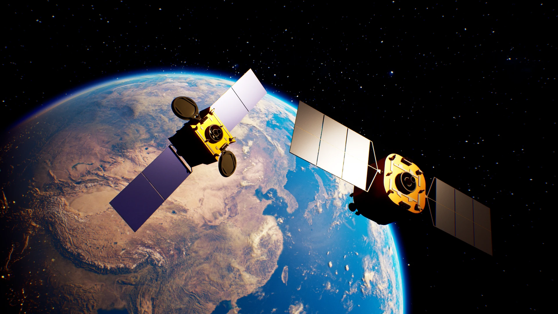 Servicing and target satellite models above Earth in the docking simulation visualization.